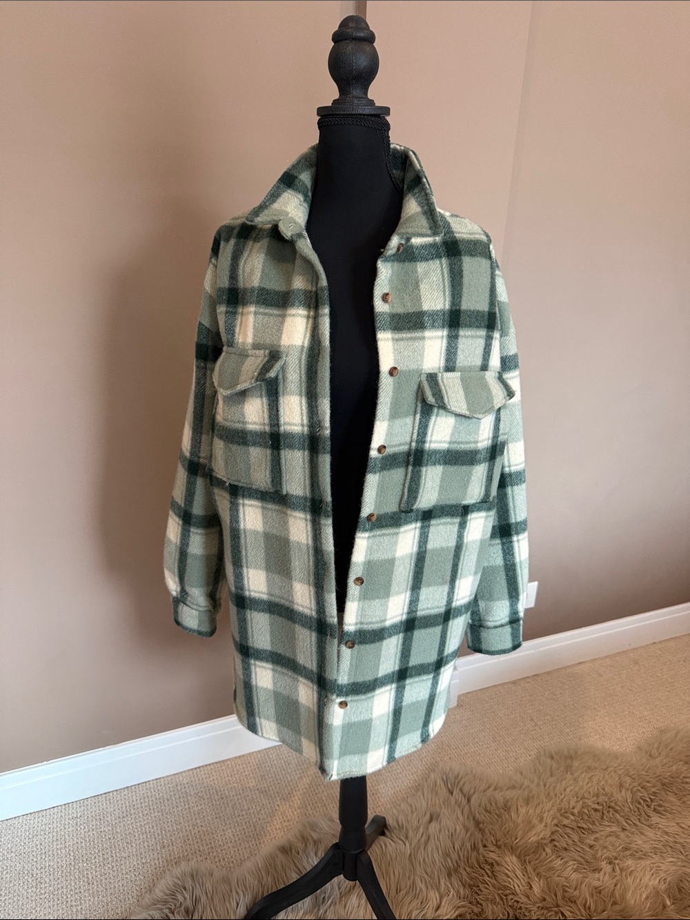 12th Tribe Green and Cream Plaid Utility Shacket